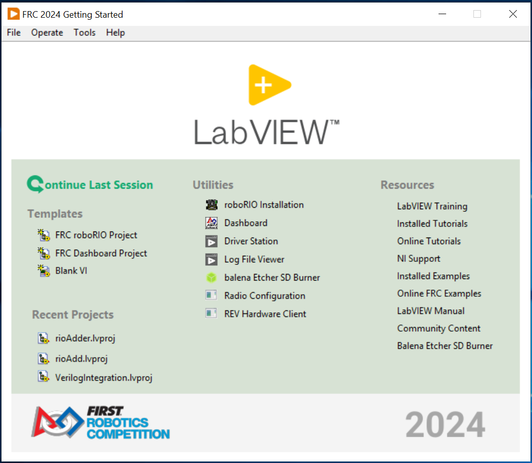 LabVIEW main menu