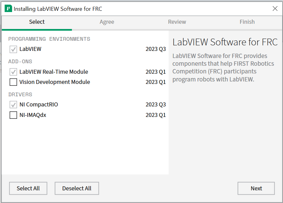 LabVIEW Software for FRC packages