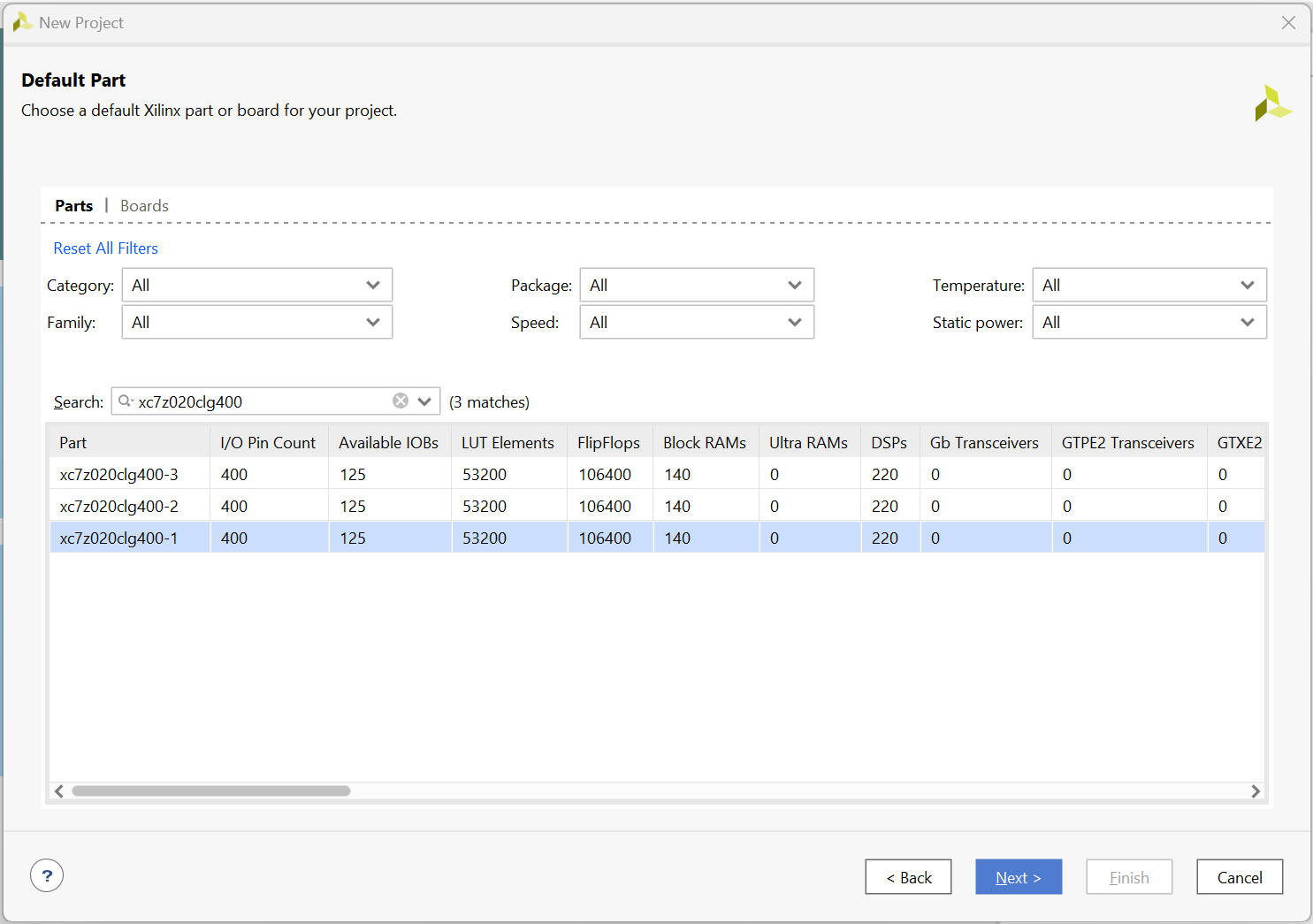 New project: select FPGA part name